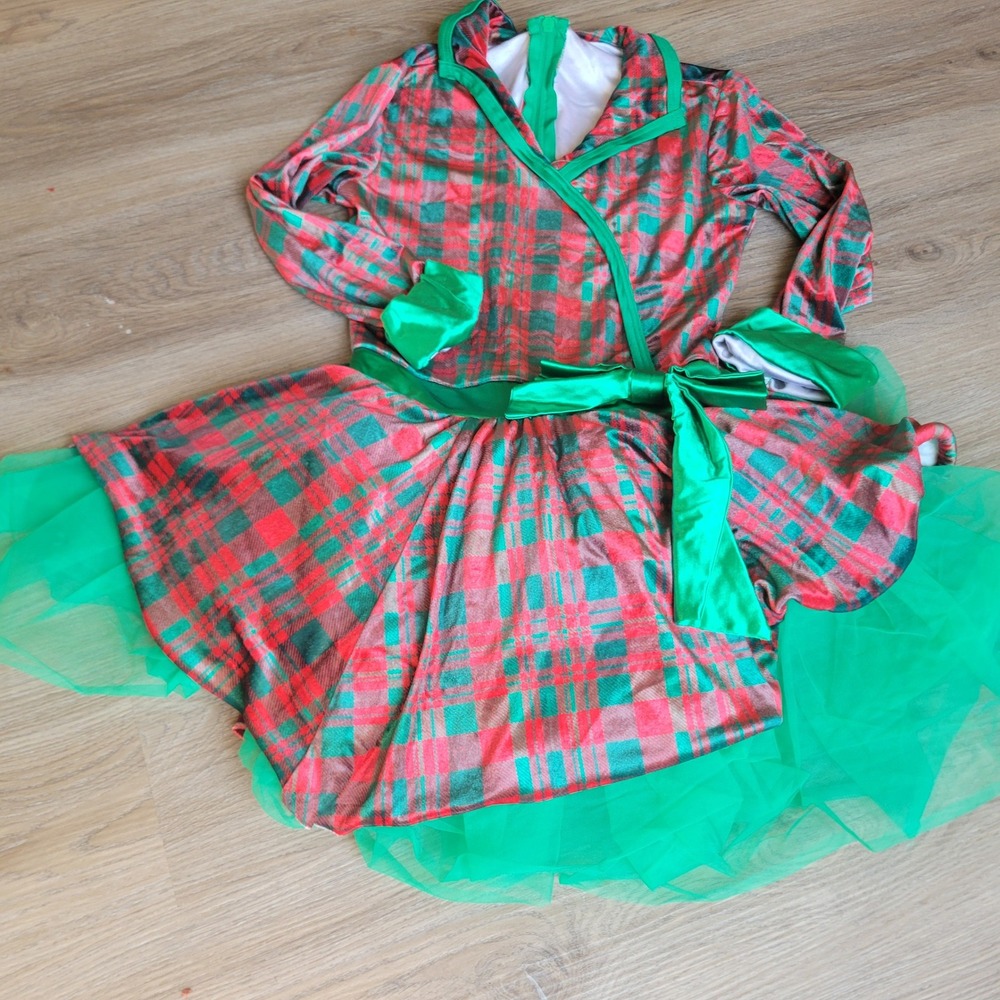 Women Dance Costume Leotard Small Red Green Plaid Tulle Holiday Performance